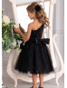 One Shoulder Black Sequin Tulle Flower Girl Dress